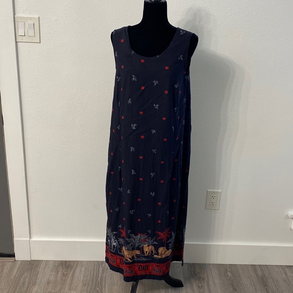 Navy Safari Animal Print Tie Back Sleeveless Ankle Length Dress Size 16